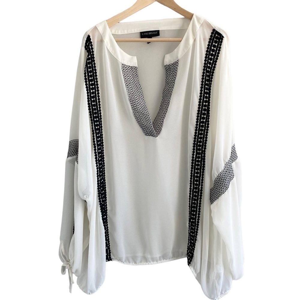 LANE Bryant Sheer Embroidered Accents Bubble Sleeve Elastic Hem Peasant Top 26